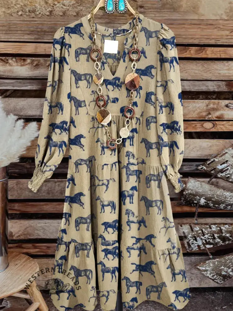 Vintage Contrast Western Style Cotton And Linen Midi Dress