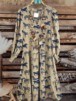 Vintage Contrast Western Style Cotton And Linen Midi Dress