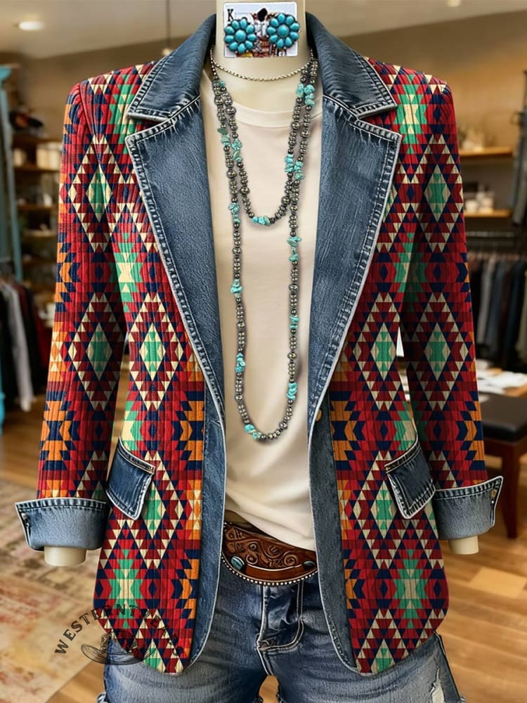 Aztec Print Patchwork Denim Sweater