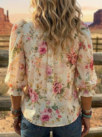 Women's Vintage Floral Print Casual 3/4 Sleeve Shirt