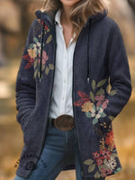 Floral Print Unisex Plush Thick Long-sleeved Cardigan Coat