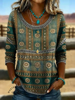 Art Print Casual 3/4 Sleeves Hollow Denim Shirt