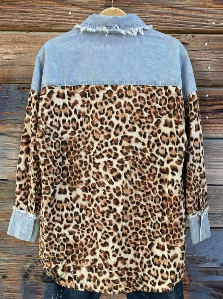Oversized Leopard And Denim Patchwork Shacket With Pockets