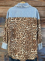 Oversized Leopard And Denim Patchwork Shacket With Pockets