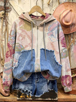 Retro Print Casual Cotton Patchwork Hooded Zip-up Sweatshirt