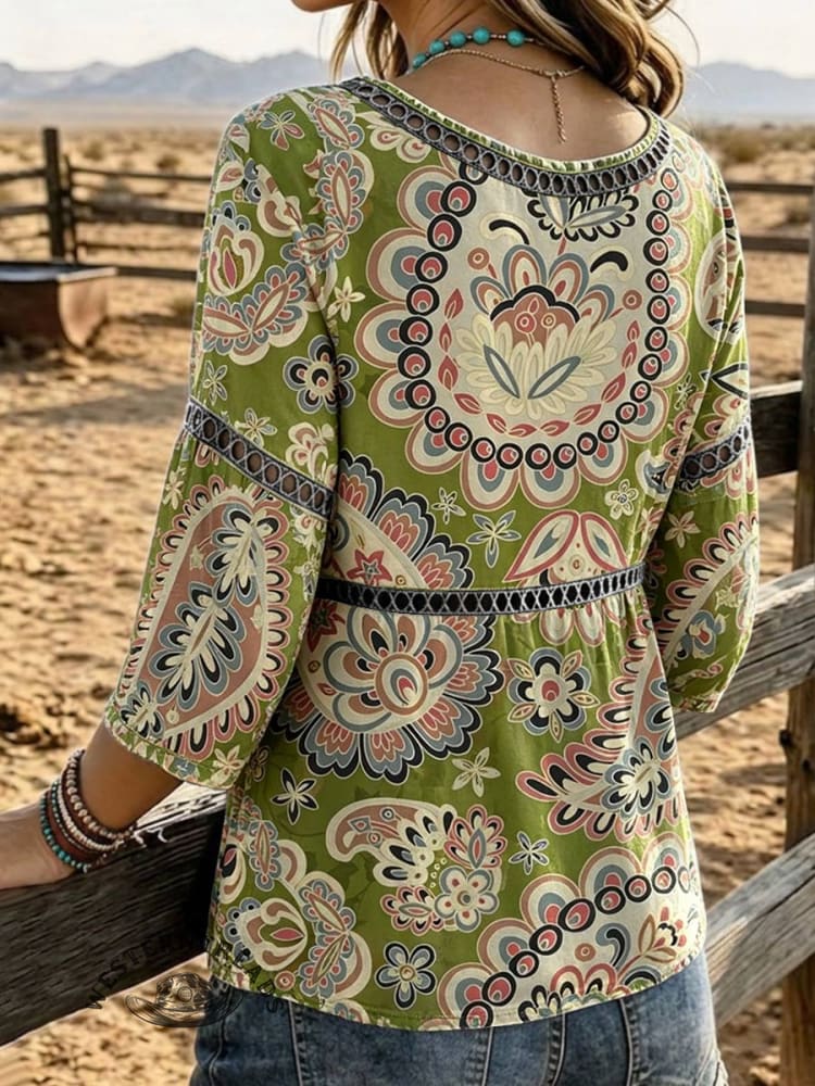 Women's Paisley Print Casual 3/4 Sleeves Hollow Denim Shirt
