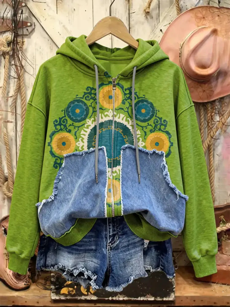 Retro Print Casual Cotton Patchwork Hooded Zip-up Sweatshirt