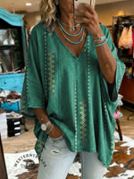 Vintage Art Print Casual V-neck Denim Loose Shirt