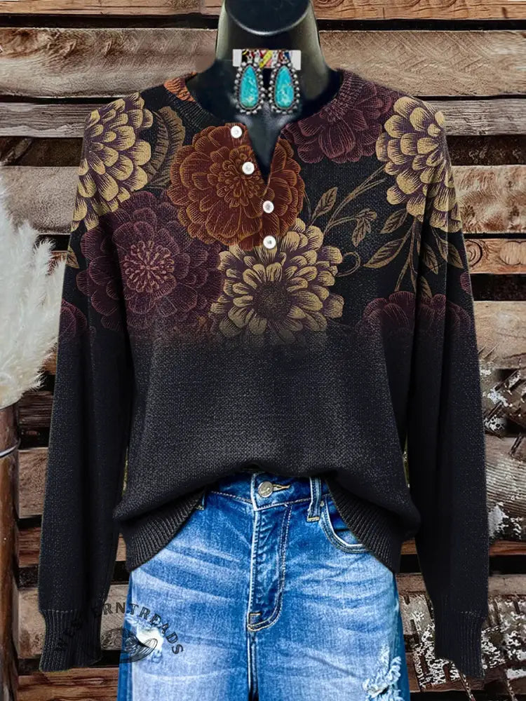 Women's Retro Flower Gradient Art Print Henley Neck Sweater