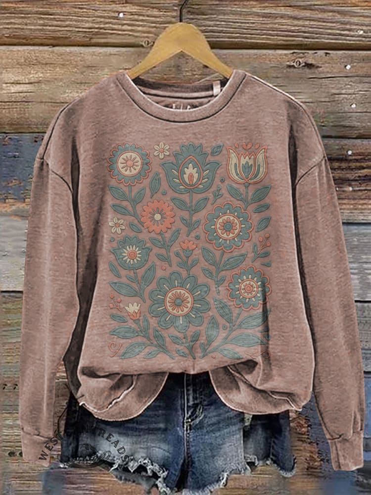 Vintage Flowers Art Prints Casual Cotton Sweatshirt