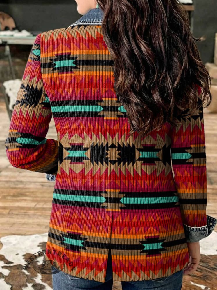 Aztec Print Patchwork Denim Sweater