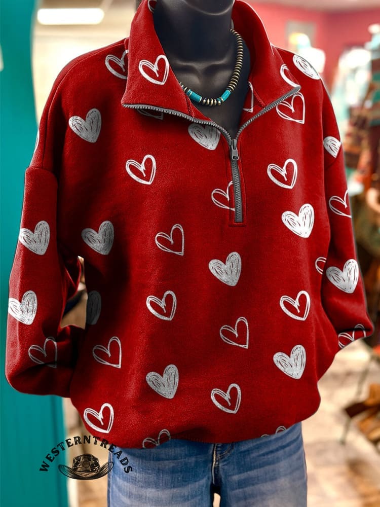 Valentine's Day Heart Pattern Casual Cotton Sweatshirt