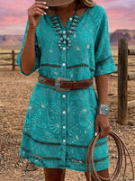 Vintage Floral Print Casual Hollow-out Denim Dress