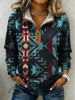 Vintage Aztec Art Print Casual Half Zip Cotton Sweatshirt
