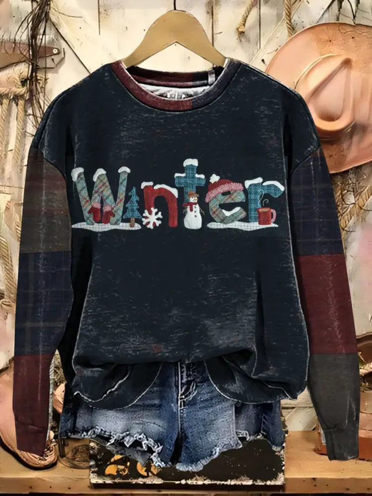 Vintage WINTER Text Print Casual Cotton Sweatshirt