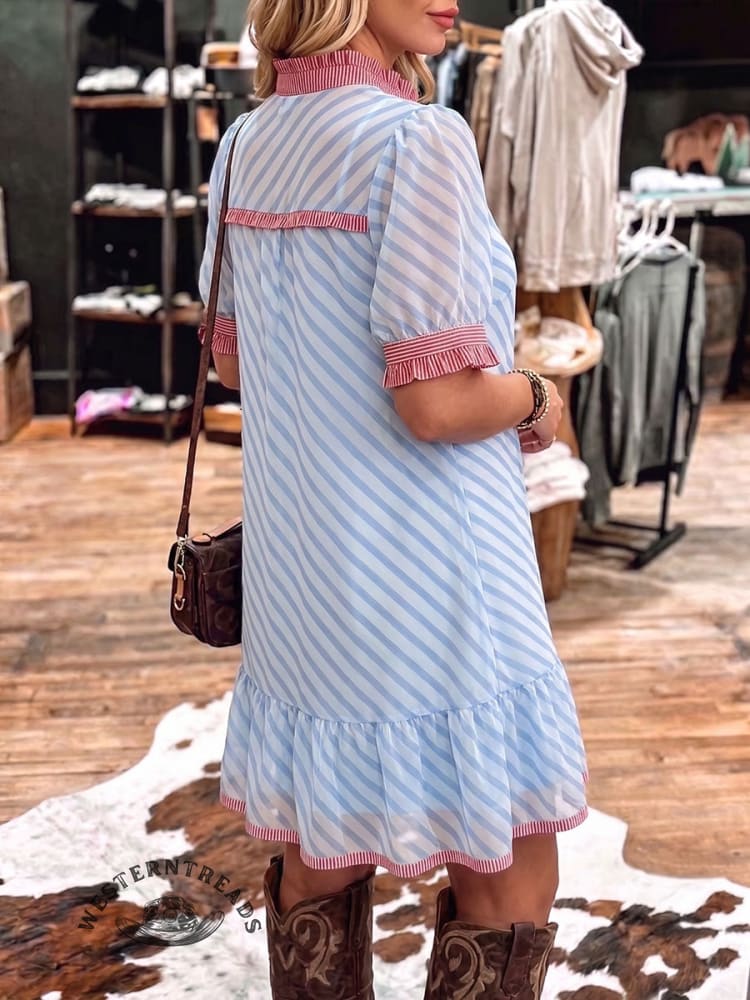 Vintage Art Comfortable Summer Fabrics Patchwork Stripes Casual Dress