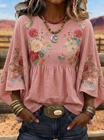 Vintage Floral Print Casual Round Neck Bell Sleeve Top