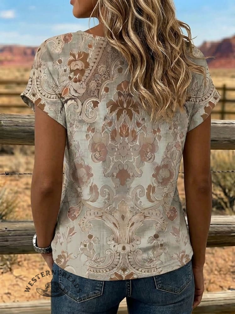 Retro Floral Art Tie Cotton Linen T-shirt