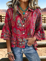 Women's Vintage Floral Print Casual Hollow-out Shirt
