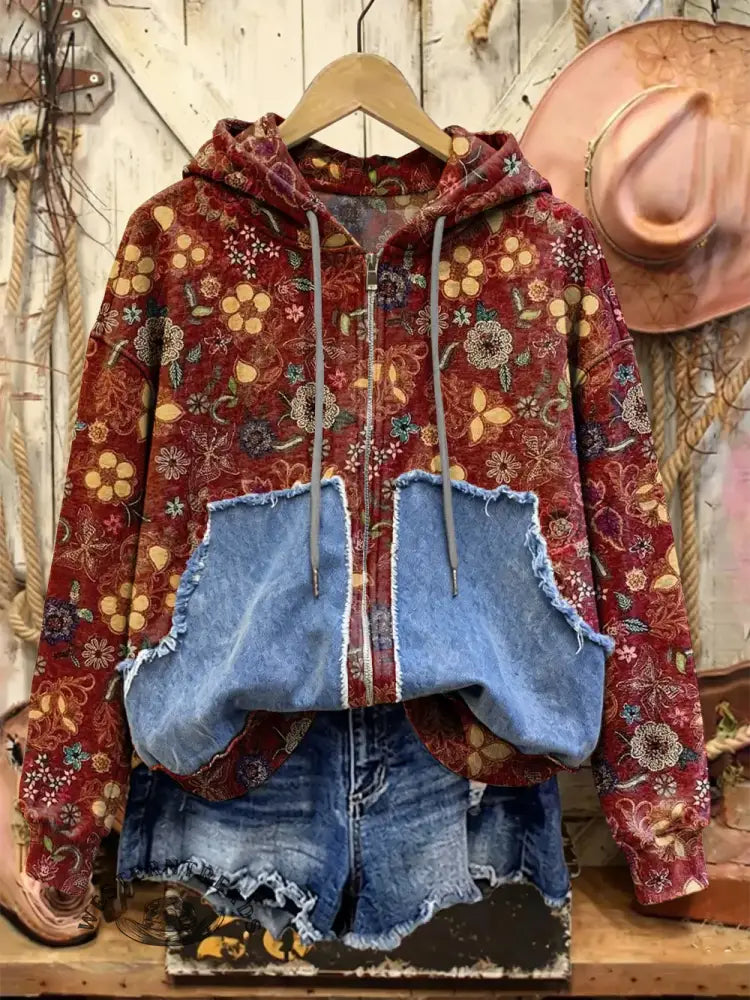 Retro Print Casual Cotton Patchwork Hooded Zip-up Sweatshirt