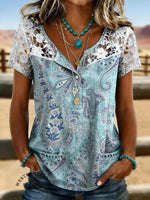 Women's Vintage Print Casual Hollow-Out Denim Shirt