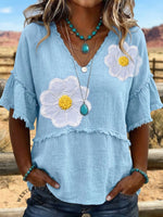 Vintage Art Western V Neck Cotton Linen Patchwork Shirt