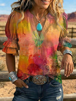 Women's Retro Floral Art Puff Sleeve Casual Shirt