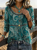 Women's Paisley Print Casual 3/4 Sleeves Hollow Denim Shirt