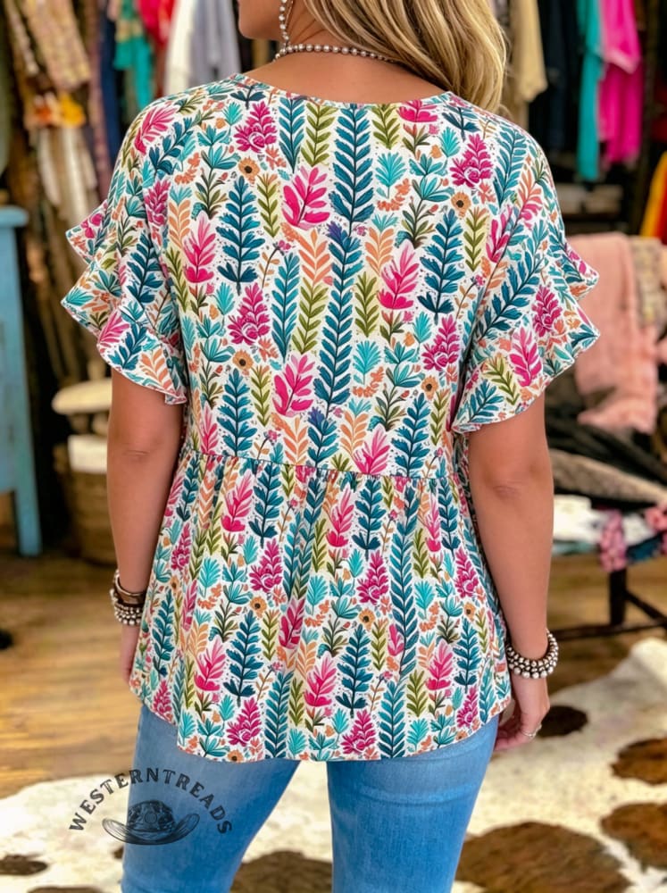 V-neck Tropical Botanical Print Peplum Top