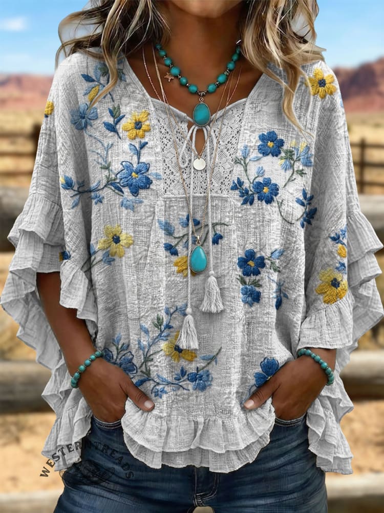 Vintage ArtPatchwork Hollow Design Cotton And Linen Shirt
