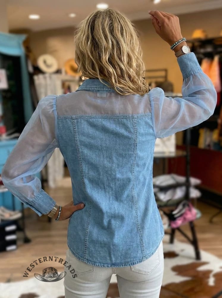 Vintage Denim Sheer Mesh Long Sleeve Button Shirt