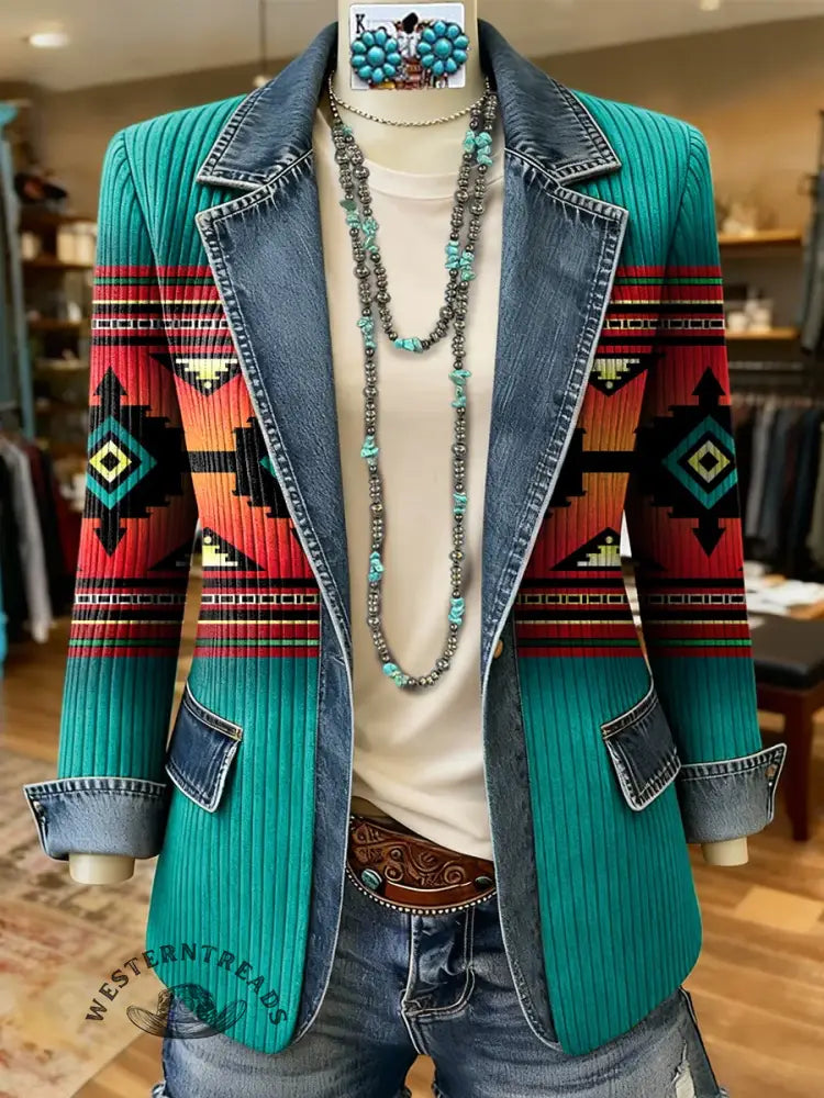 Retro Aztec Print Patchwork Denim Sweater Cardigan Coat