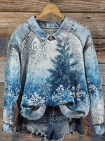 Winter Christmas Art Print Casual Denim Patchwork Sweatshirt
