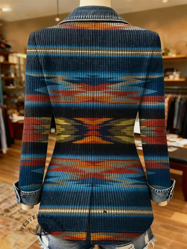 Retro Aztec Art Print Patchwork Denim Sweater Cardigan Coat