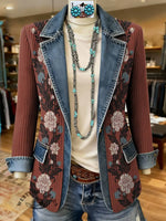 Floral Print Patchwork Denim Sweater