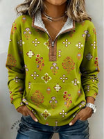 Retro Floral Print Casual Half-zip Cotton Sweatshirt