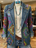 Retro Aztec Art Pattern Print Patchwork Denim Sweater Cardigan Coat