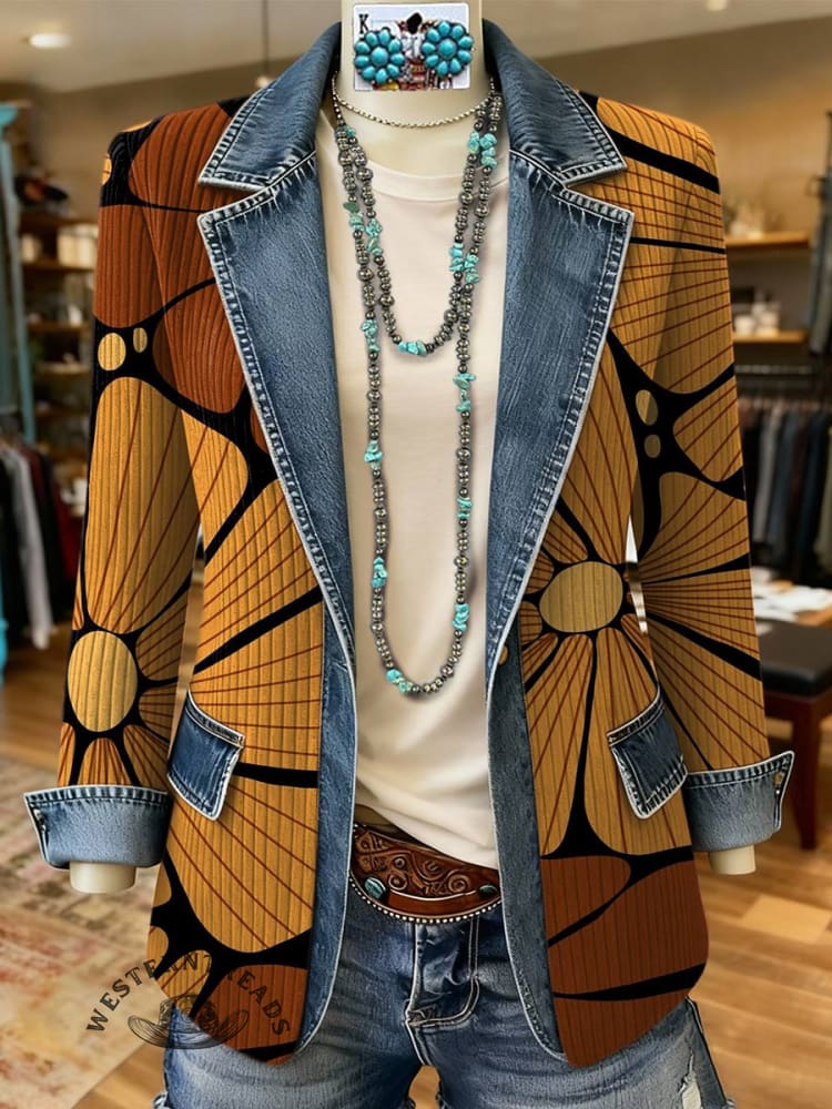 Retro Floral Print Patchwork Denim Sweater