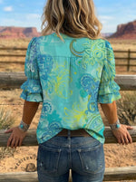 Women's Paisley Art Puff Sleeve Casual Shirt