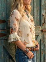 Vintage Butterfly Art Print Casual Ruffle Shirt