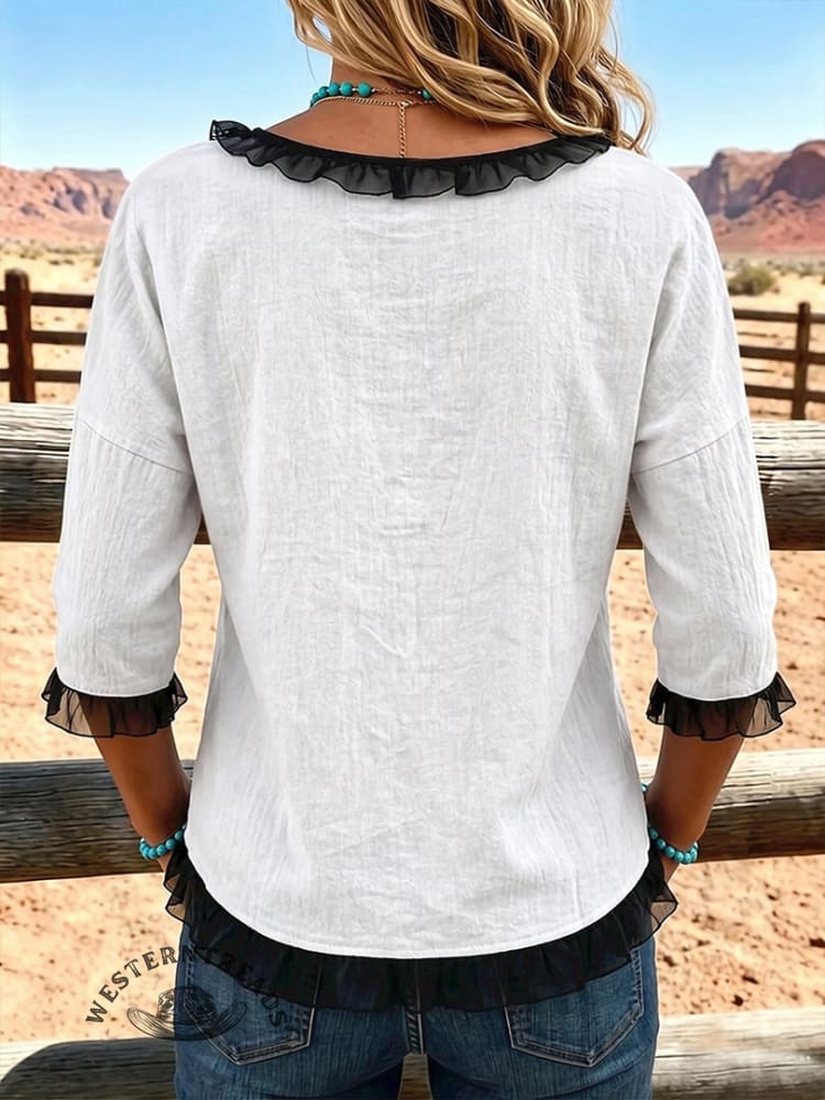 Women's Vintage Ruffled Chiffon Patchwork Casual Shirt