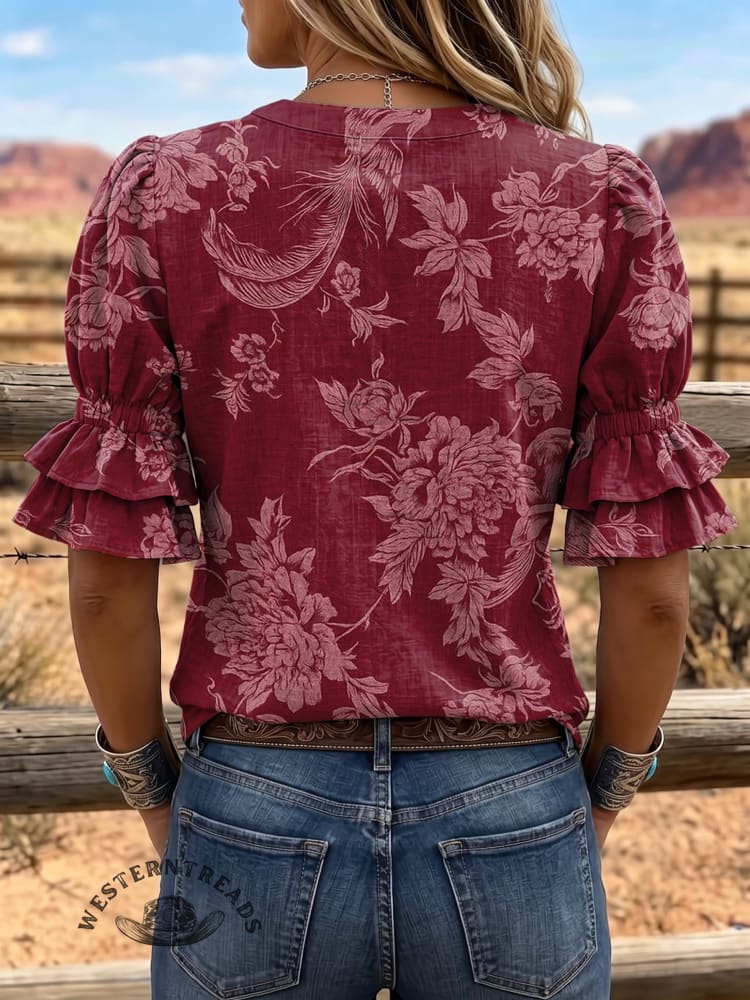 Women's Vintage Art Puff Sleeve Casual Shirt
