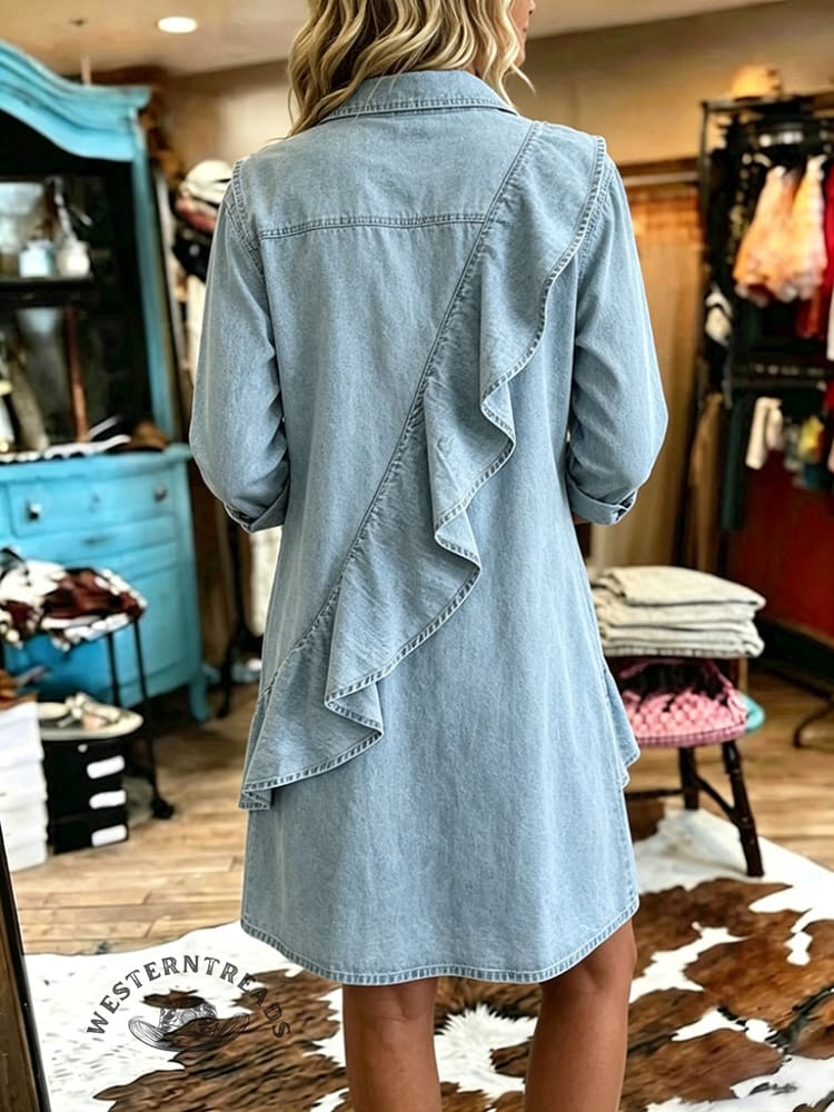 Women's Vintage V-neck Ruffles Patchwork Denim Dress