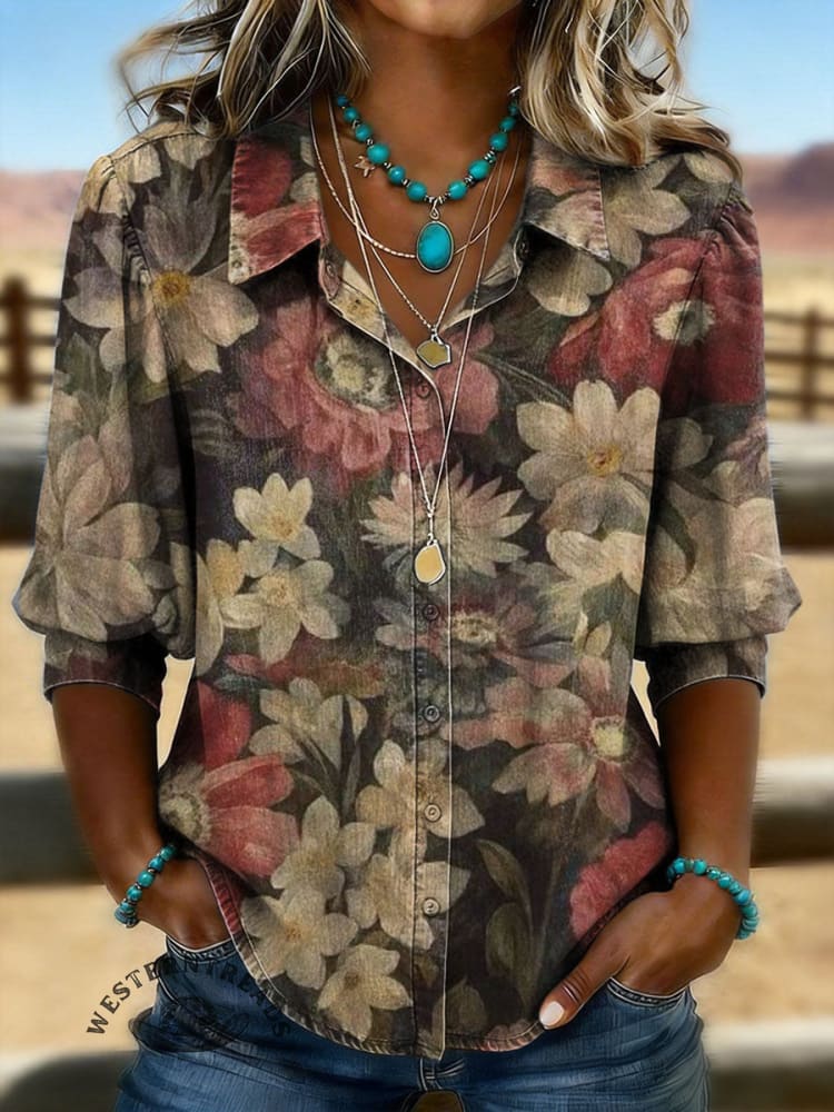 Vintage Floral Print Casual Puff Sleeve Denim Shirt
