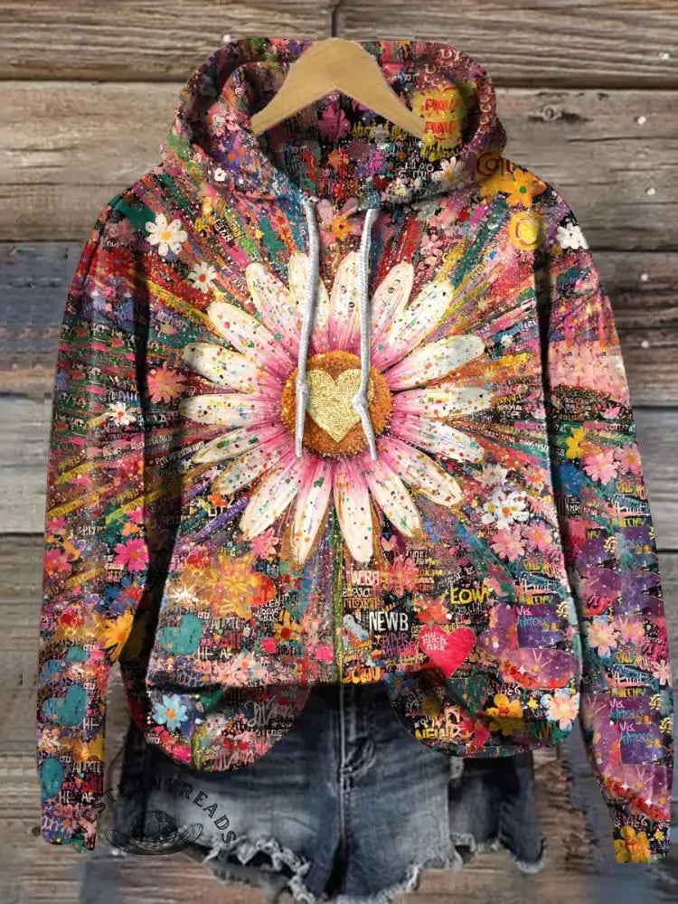 Vintage Heart Art Print Casual Cotton Hooded Sweatshirt