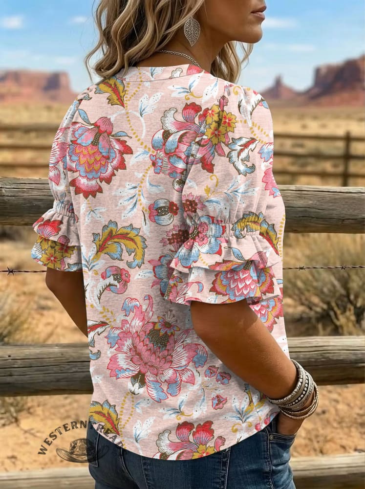 Women's Vintage Floral Print Puff Sleeve Casual Shirt