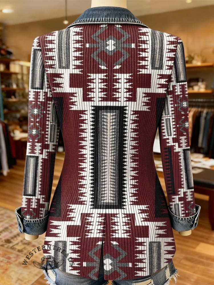 Aztec Print Patchwork Denim Sweater