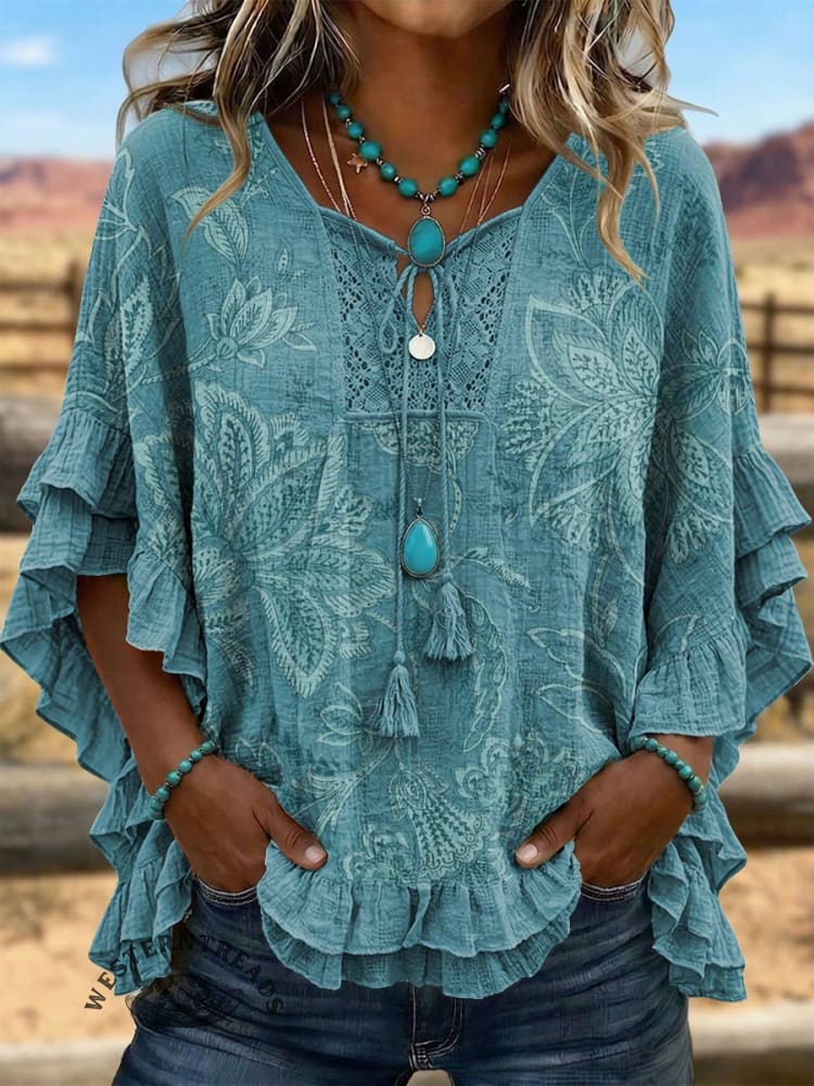 Vintage Art Patchwork Hollow Design Cotton And Linen Shirt
