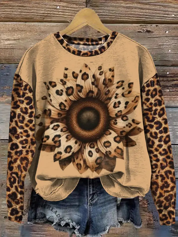 Vintage Leopard Sunflower Art Print Casual Sweatshirt