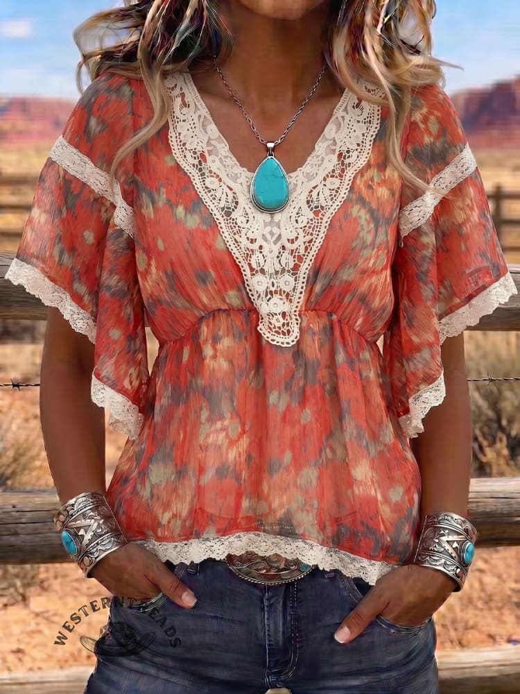 Vintage Art Patchwork Lace Comfortable Summer Fabrics Casual Shirt